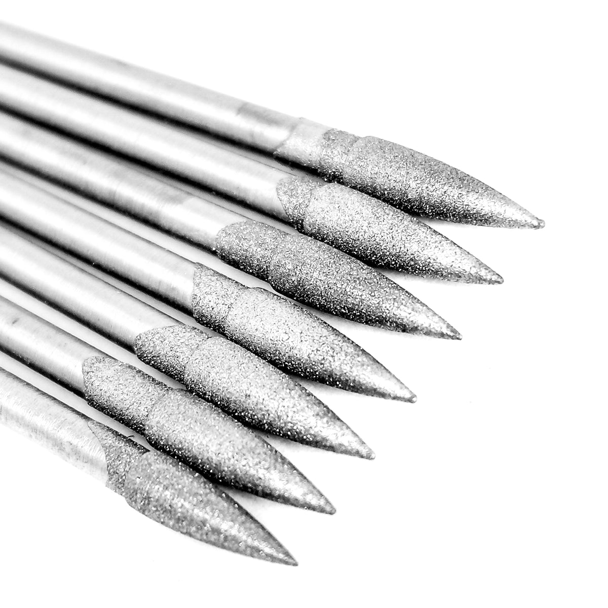 Pointed Tree Diamond Burr 5pcs, made of steel plated with diamond.