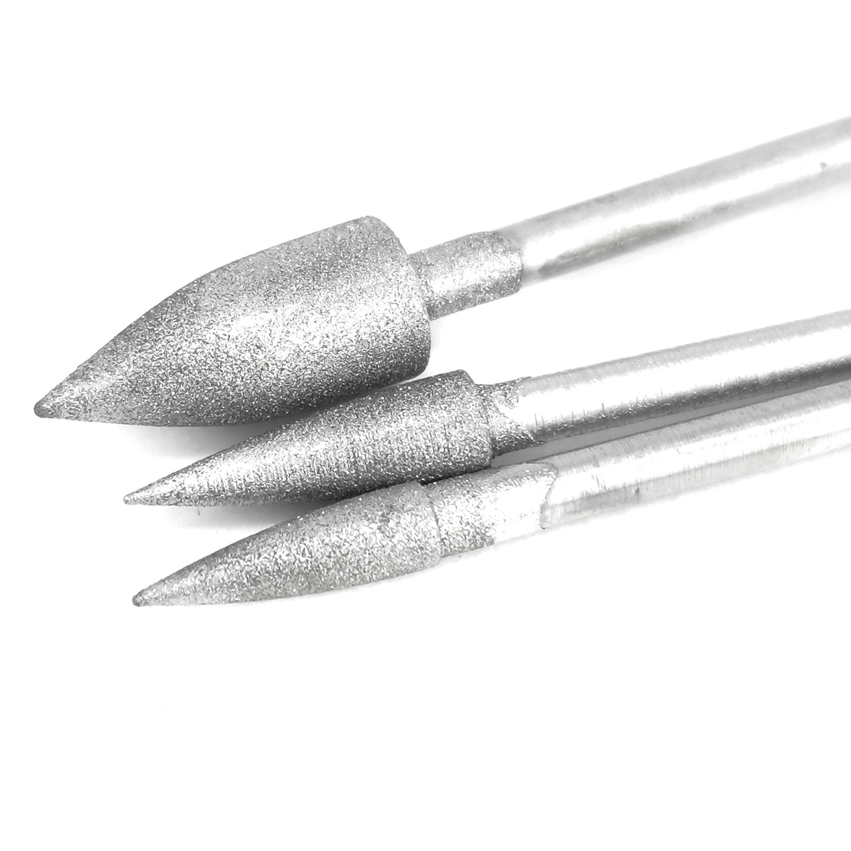 Pointed Tree Diamond Burr 5pcs, made of steel plated with diamond.