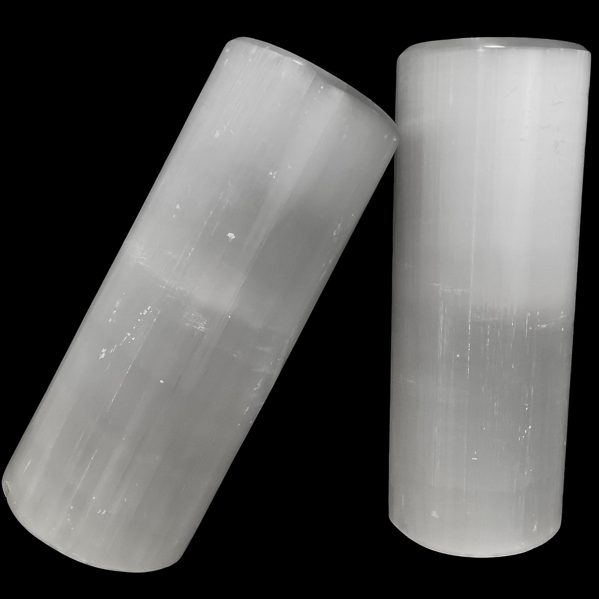 Polished selenite lamp, Morocco: two lamps leaning