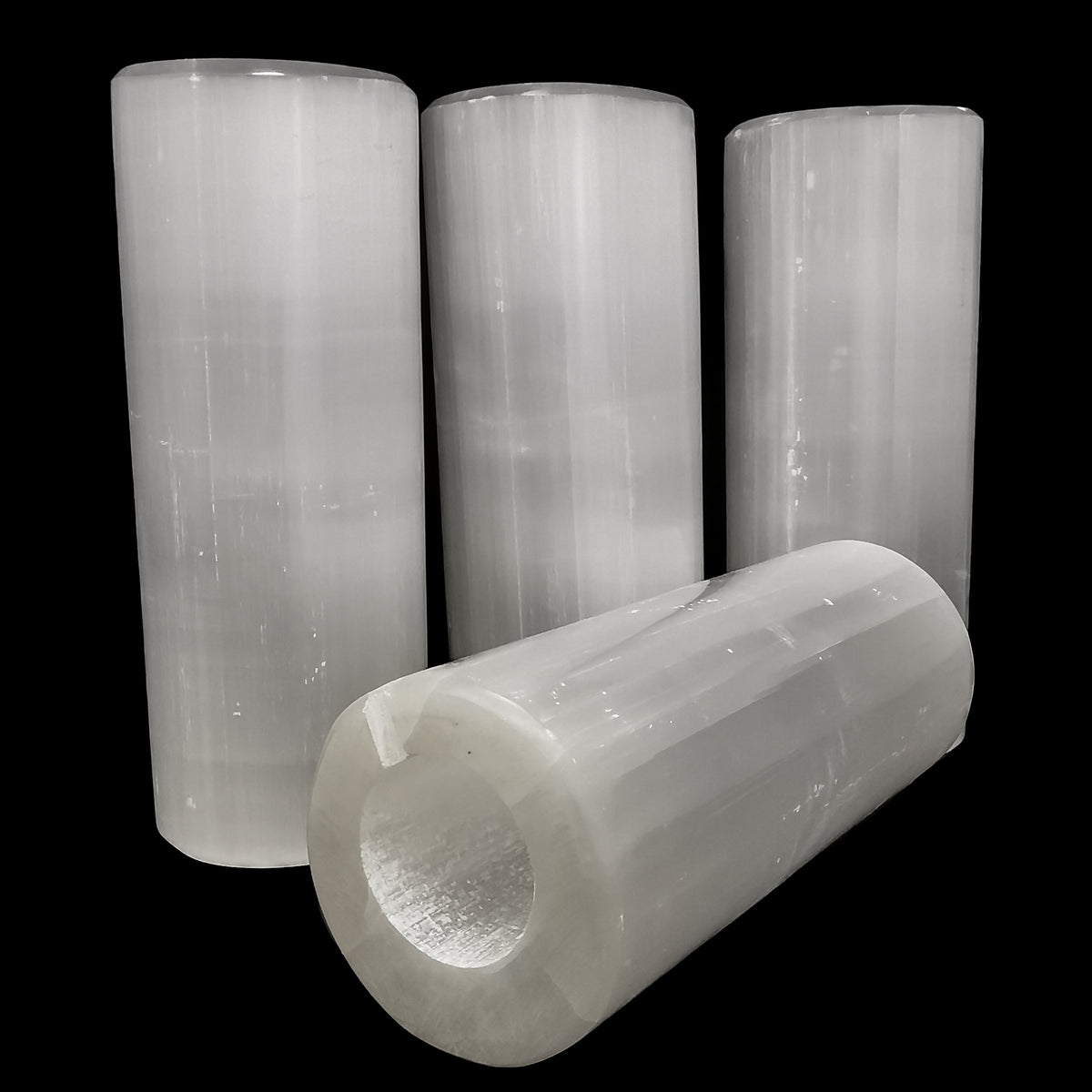 Polished selenite lamp, Morocco: four lamps grouped