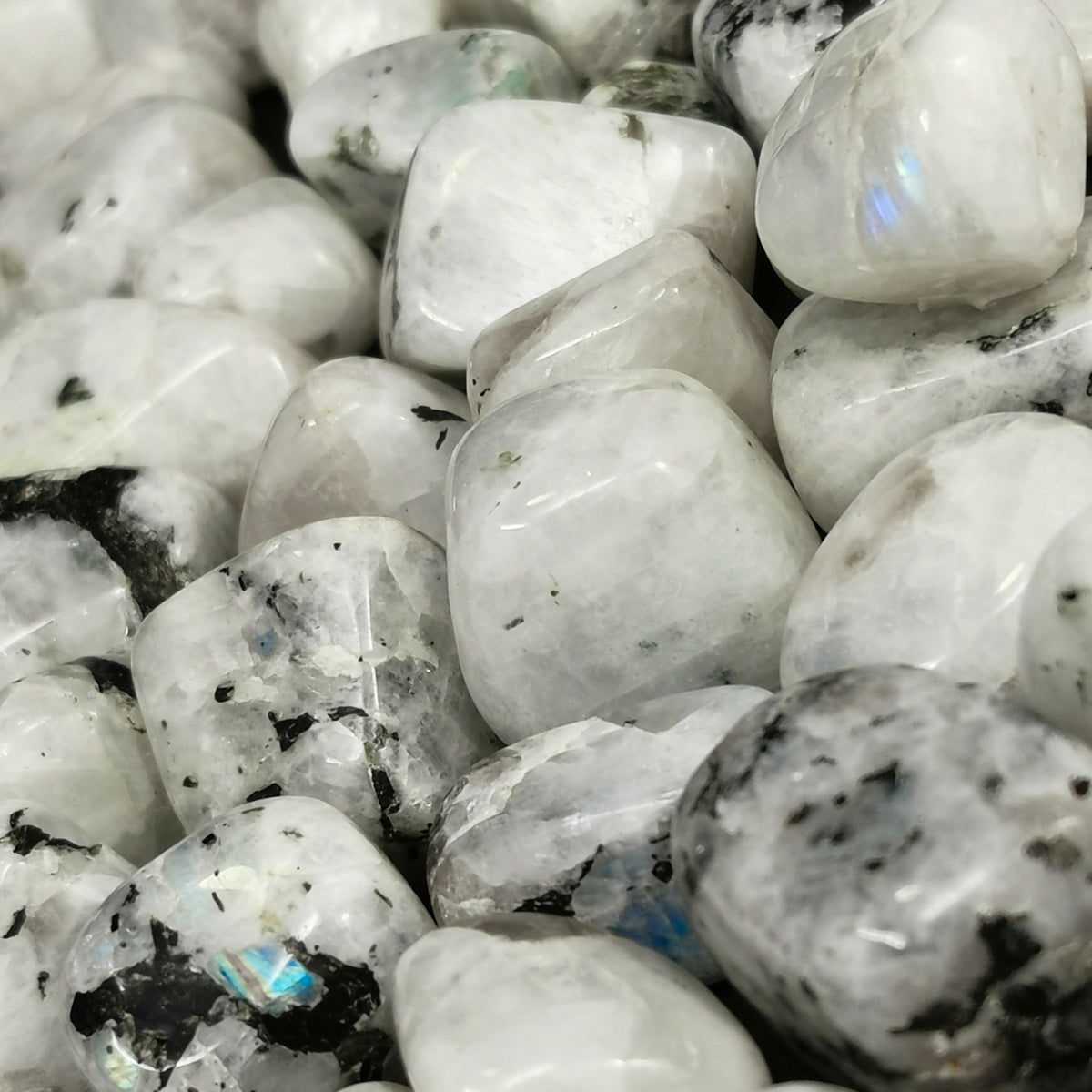Rainbow Moonstone tumble, a feldspar, from India.