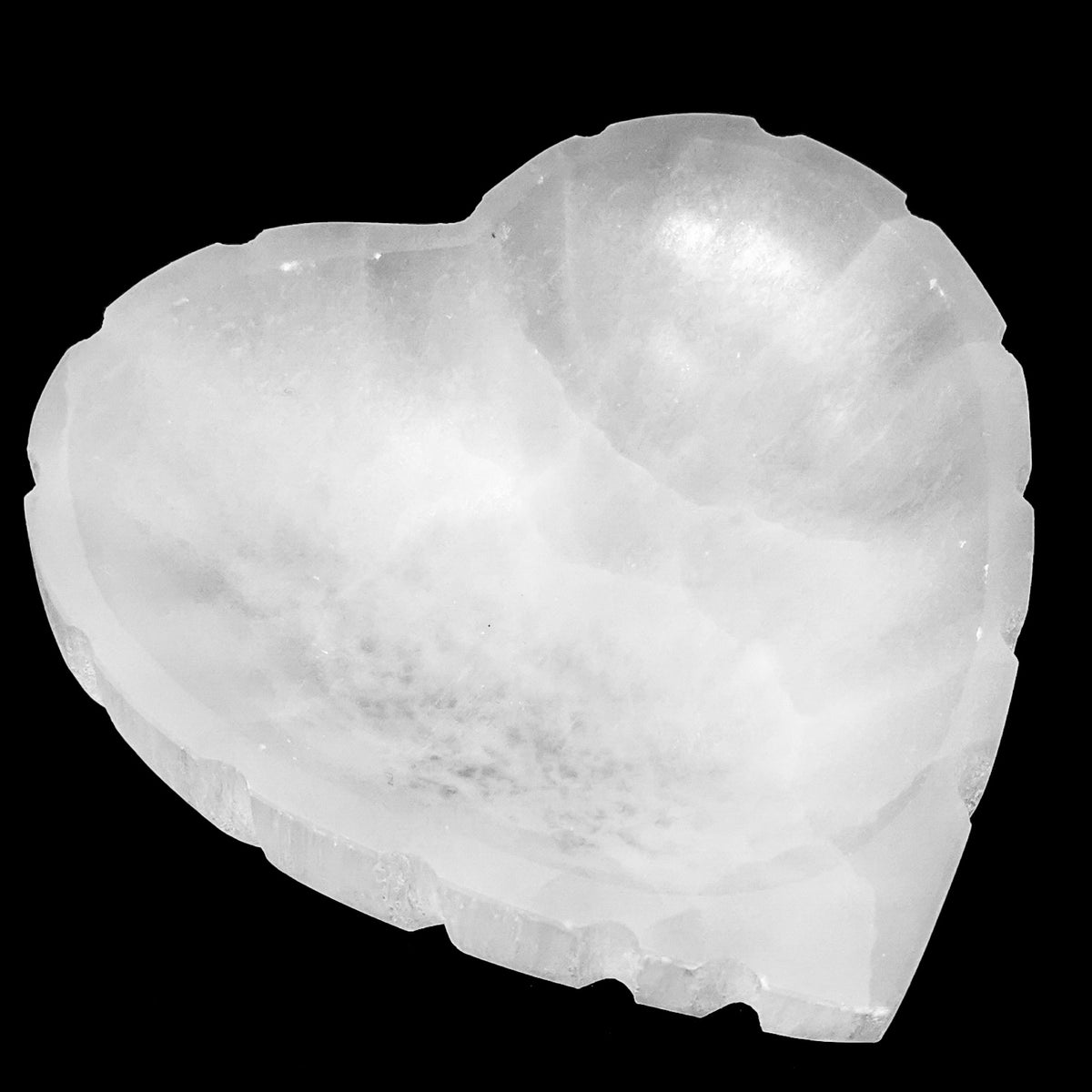 Selenite Notched Heart dish, a variety of gypsum, from Morocco.