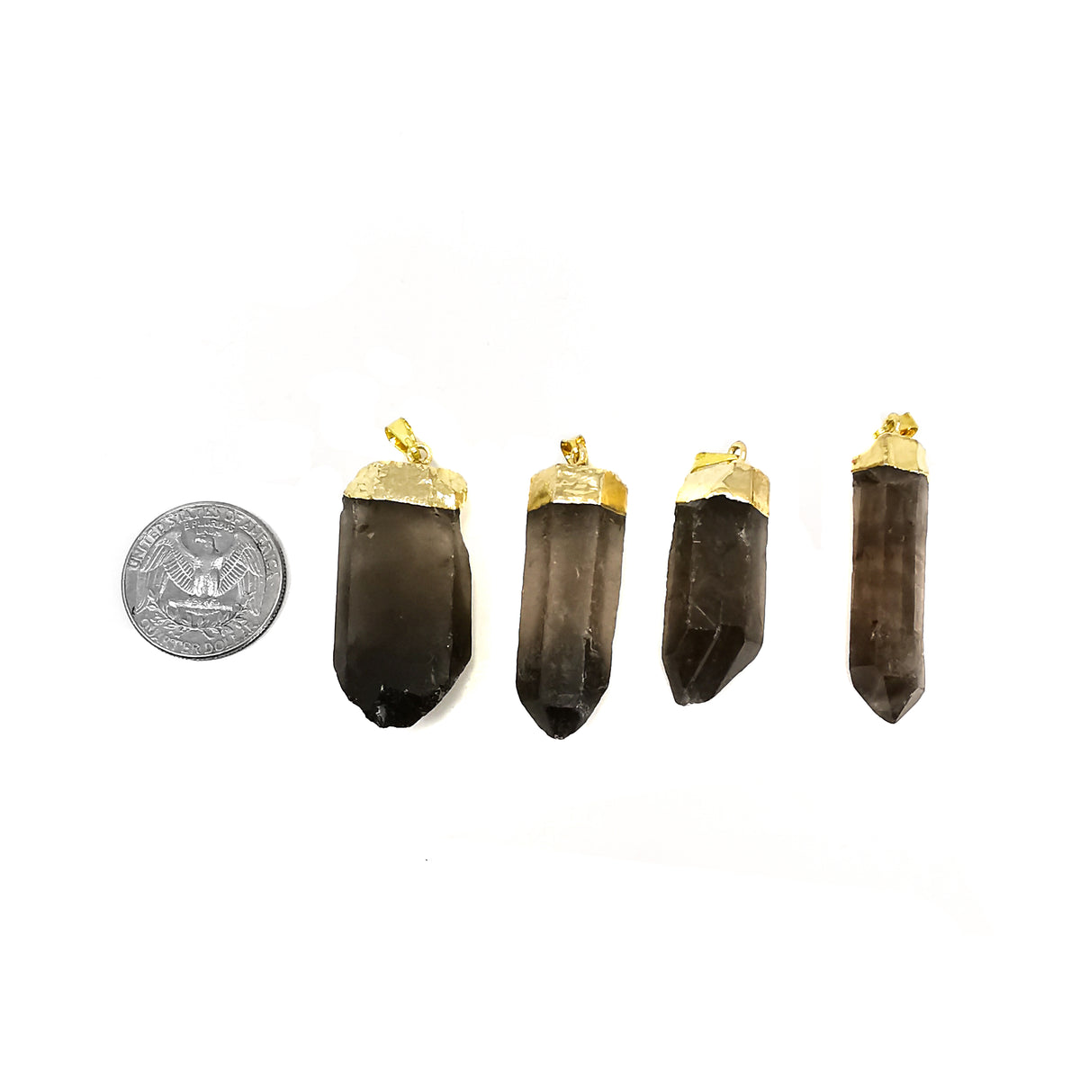 Smoky quartz point pendant – row beside a coin