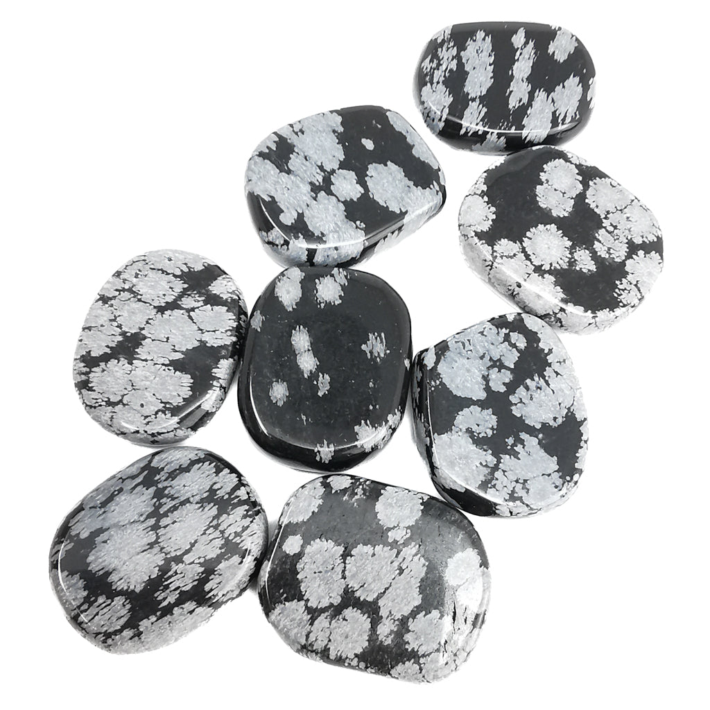 Snowflake Obsidian flat tumble, a volcanic glass, from Utah, USA.