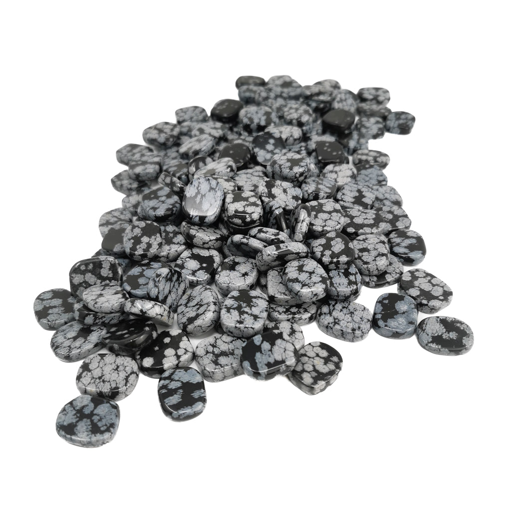 Snowflake Obsidian flat tumble, a volcanic glass, from Utah, USA.