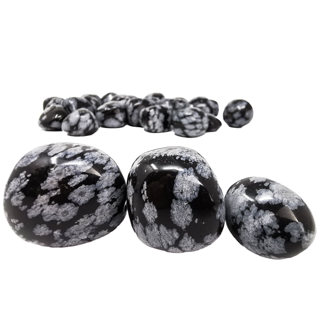 Snowflake Obsidian tumble, a volcanic glass, from Utah, USA.