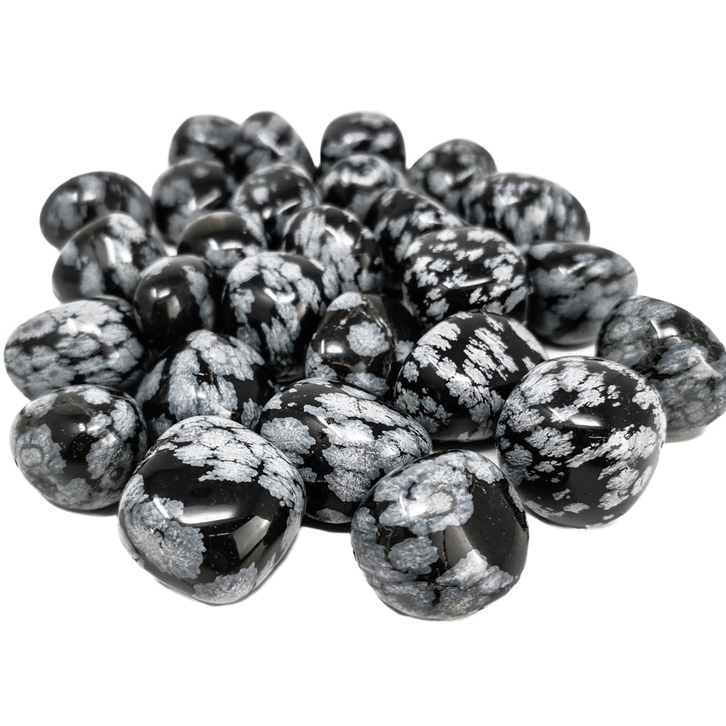 Snowflake Obsidian tumble, a volcanic glass, from Utah, USA.