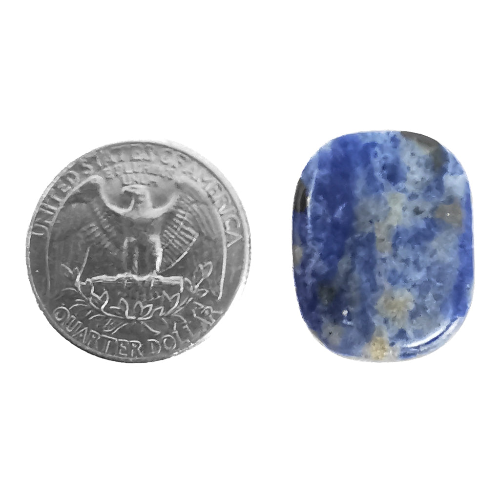 Sodalite mini palm stone flat tumble – palm stone beside a coin for scale