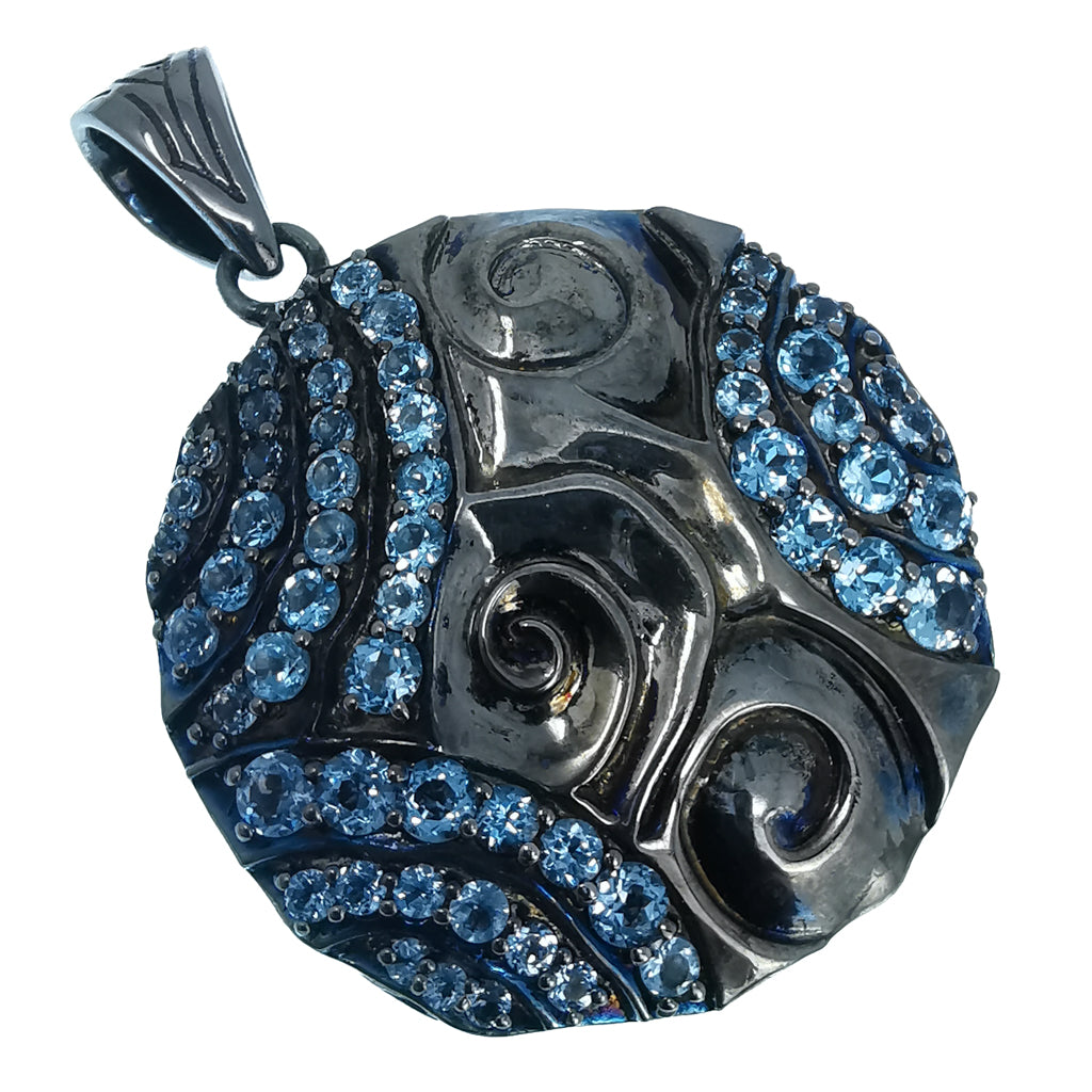 Black Ice swirl medallion pendant in black rhodium-plated sterling silver with London Blue Topaz.