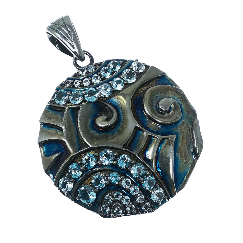 Black Ice swirl medallion pendant in black rhodium-plated sterling silver with London Blue Topaz.