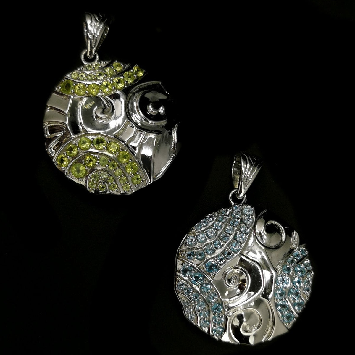 Swirl Medallion - Pendant - Broken Ox Creations - Hand Carved Medallion - Sterling Silver - Peridot London Blue Topaz - BC, Canada