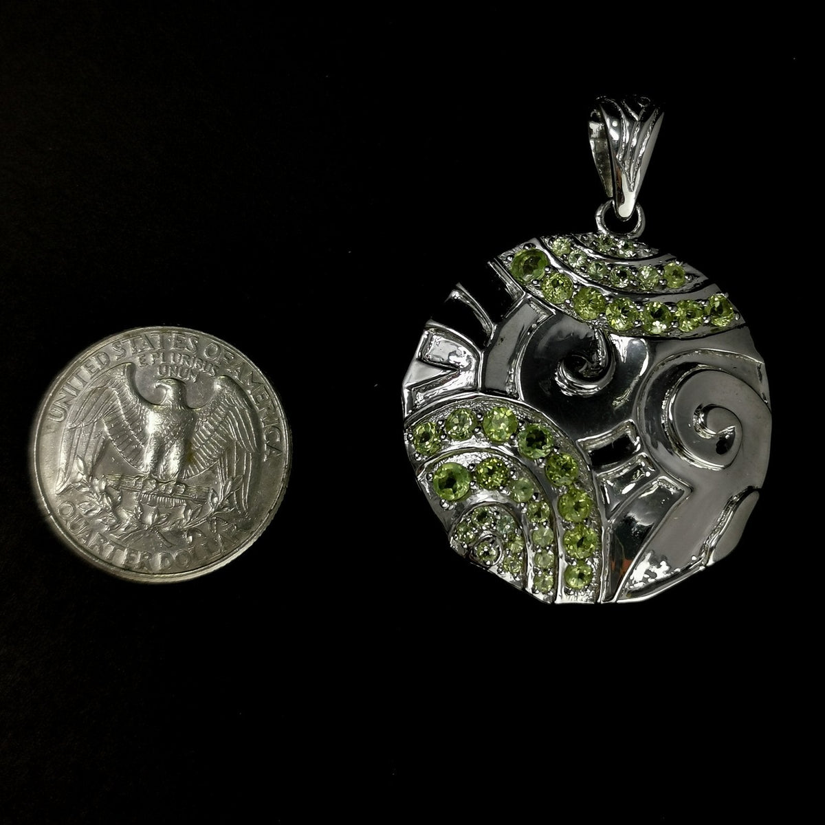 Swirl Medallion - Pendant - Broken Ox Creations - Hand Carved Medallion - Sterling Silver - Peridot London Blue Topaz - BC, Canada