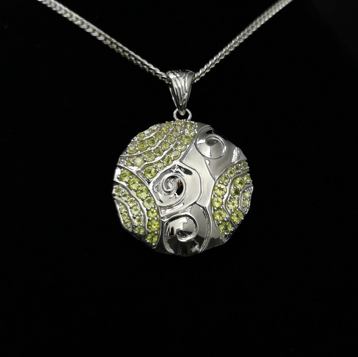 Swirl Medallion - Pendant - Broken Ox Creations - Hand Carved Medallion - Sterling Silver - Peridot London Blue Topaz - BC, Canada
