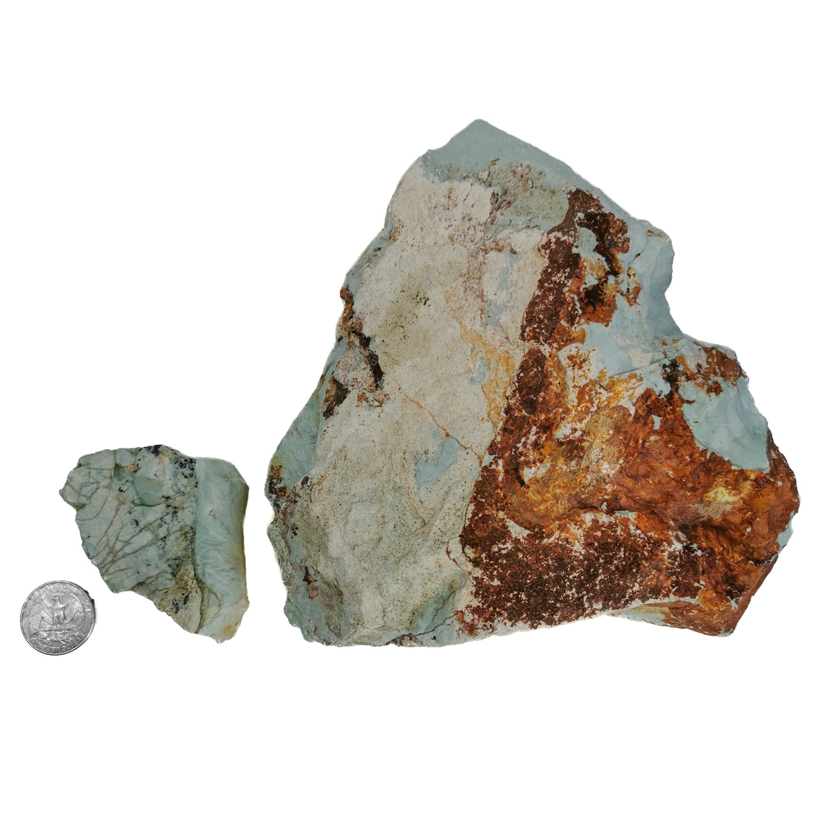 Turquoise rough from Madagascar – sizes beside a coin for scale