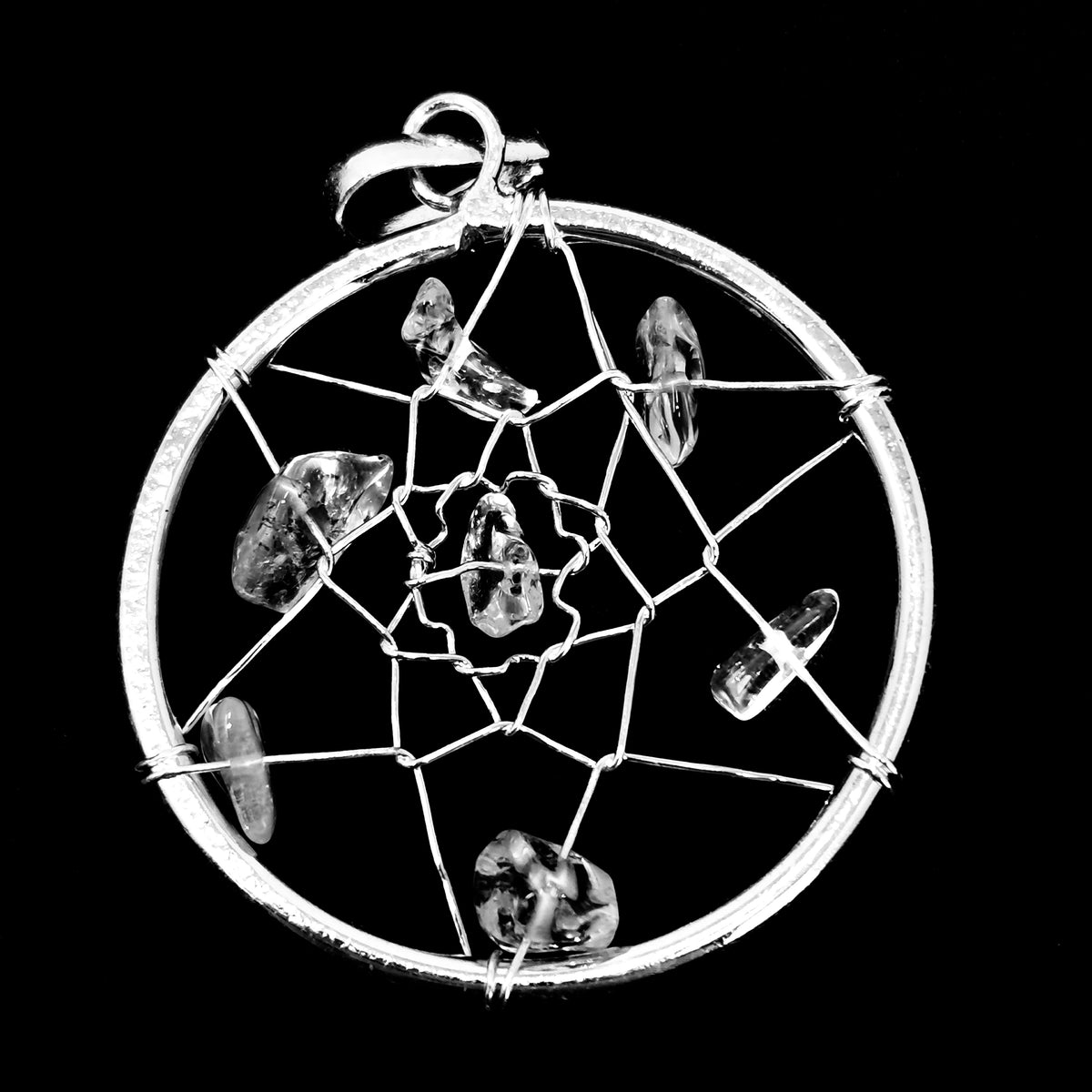 Dreamcatcher pendant in fine silver-plated base metal.