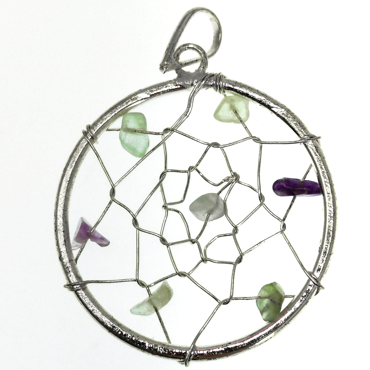 Dreamcatcher pendant in fine silver-plated base metal.