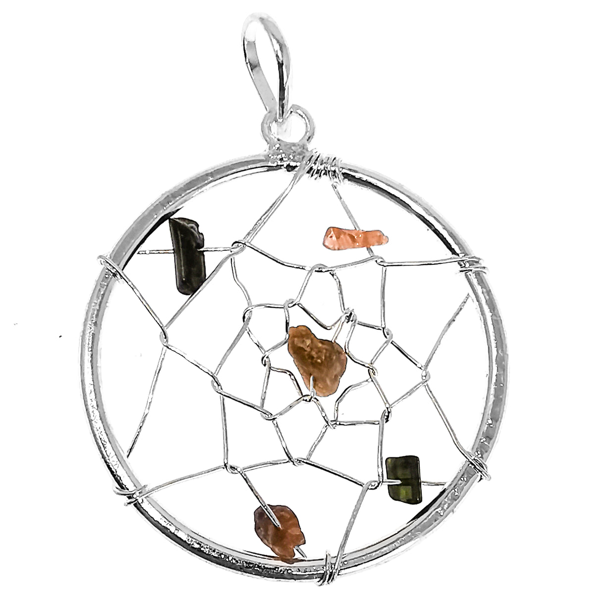 Dreamcatcher pendant in fine silver-plated base metal.