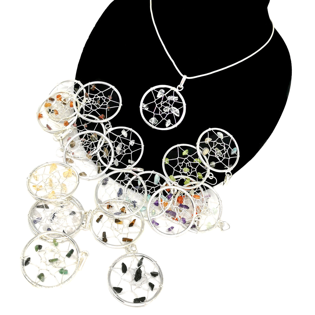 Dreamcatcher pendant in fine silver-plated base metal.
