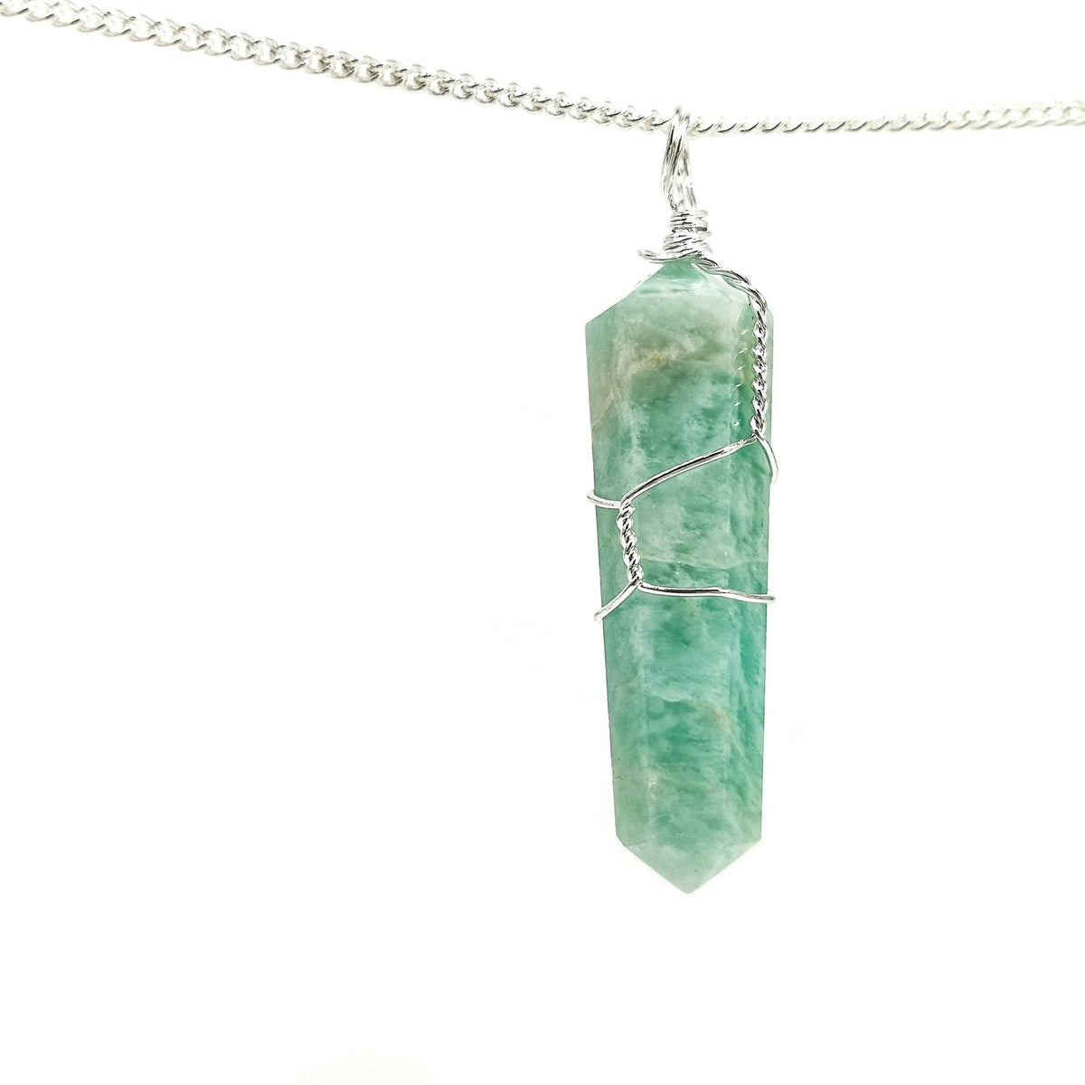 Wire wrap crystal pendant – amazonite