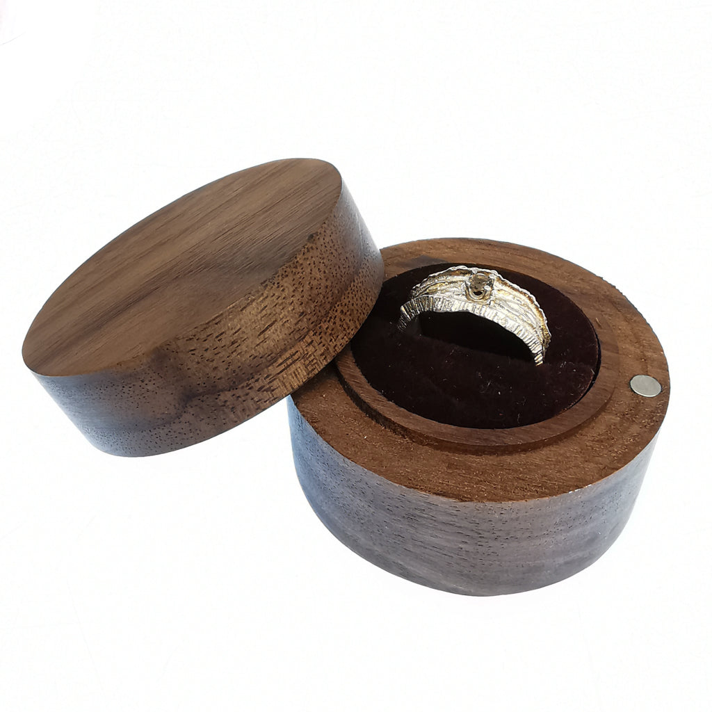 Wood Ring Box display, made of walnut.