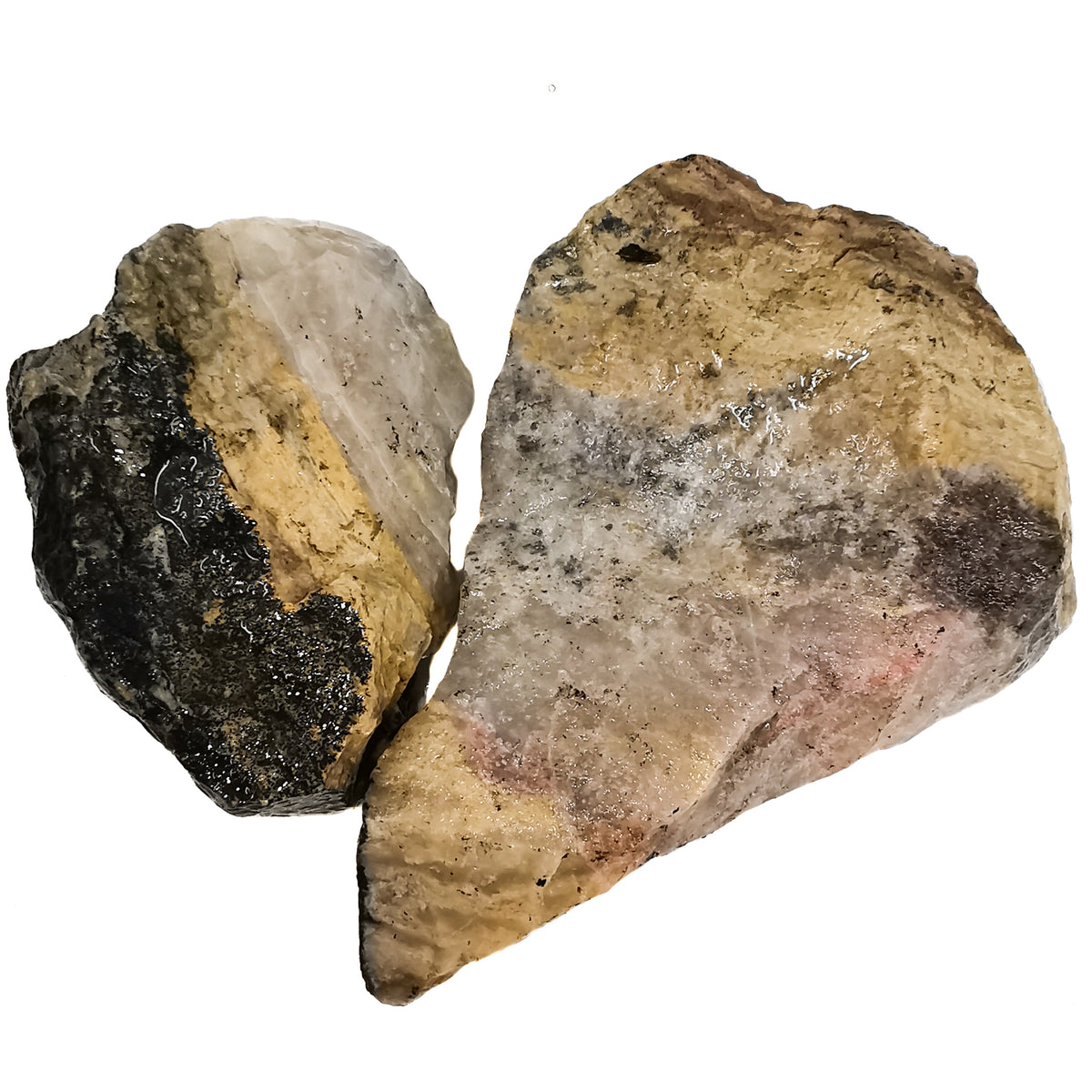 Rhodonite yellow rough from Cowichan Lake, BC – two pieces with oxidized rind
